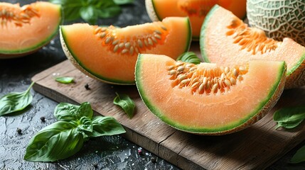   Sliced watermelon atop wooden board next to basil and cantaloupe