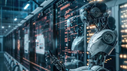 Fototapeta premium Advanced robotics in a modern manufacturing facility, holographic interfaces, cyberpunk, digital art