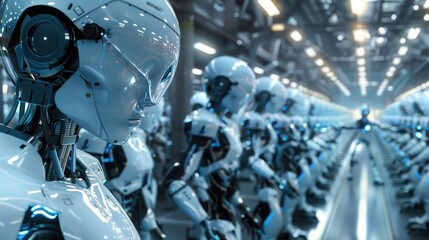 Fototapeta premium Advanced robotics in a modern manufacturing facility, holographic interfaces, cyberpunk, digital art