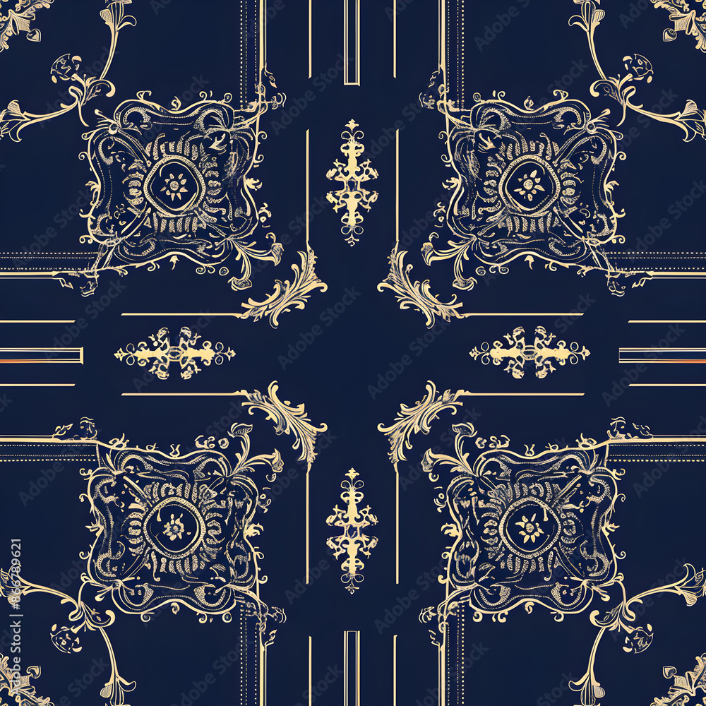 Poster gold baroque elements repeating on a seamless blue pattern