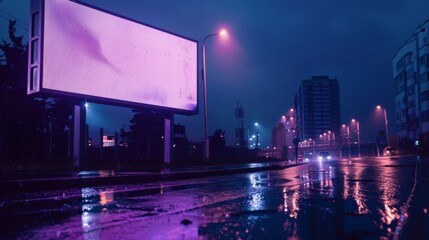 Empty billboard on a rainy city street at night, illuminated by neon lights. Urban landscape and advertising concept