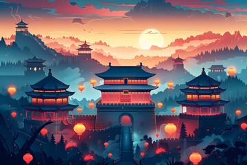 Obraz premium A dynamic flat design illustration depicting a cityscape with iconic landmarks like the Great Wall and the Forbidden City, decorated with festive lanterns for National Day
