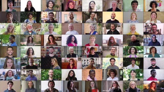 A multiscreen featuring 64 smiling faces of diverse individuals, including men, women, and children from various backgrounds. The collage exudes warmth, happiness, and a sense of global unity.