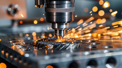 Close-up of a CNC machine tool in action, cutting metal with precision and emitting sparks