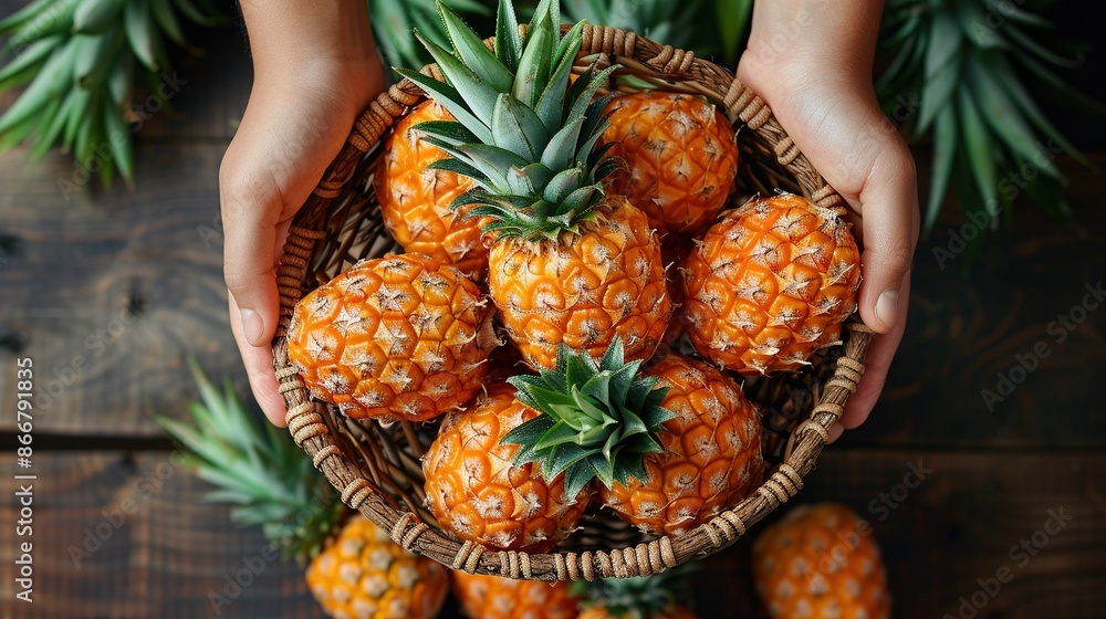 Poster a person holds a basket of pineapples in front of a table with a wooden background and an array of p