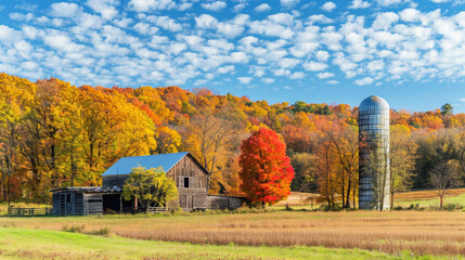 Red barn amidst colorful autumn foliage and a winding road