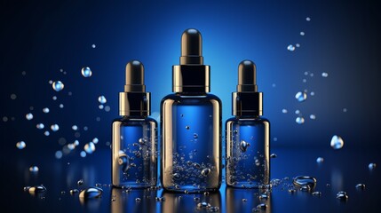 Collagen serum drops on blue background with cosmetic essence bubbles skincare concept