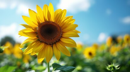 Obraz premium Sunflower in a Field. Close-up of a sunflower in a field under bright sunlight with a blue sky in the background.