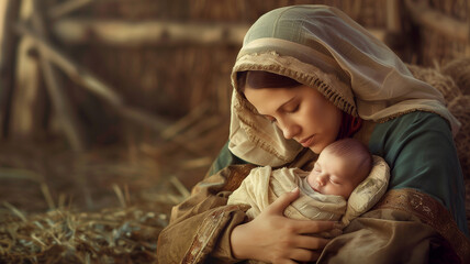 Mary holding newborn baby Jesus Christ in her arms, religion and faith of christianity, bibical story of Christmas, barn in Bethlehem