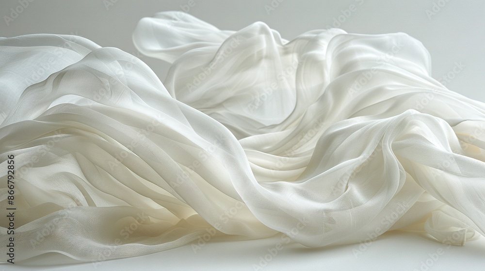 Poster a close-up of a white cloth on a white surface, with a black object centered in the image