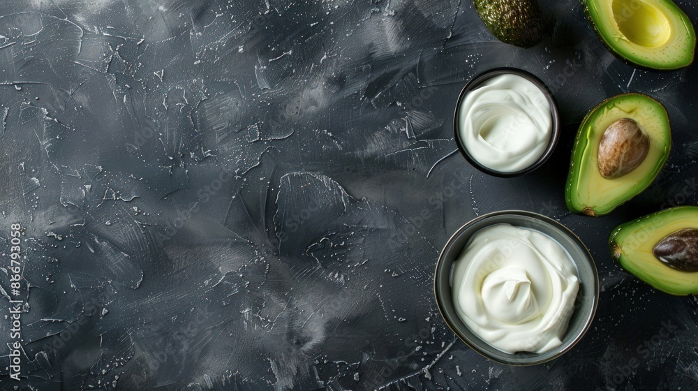 Poster a bowl of cream sits on a counter next to an avocado. generate ai image