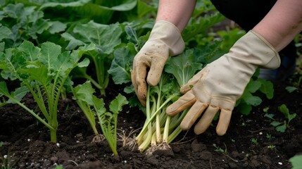 Hands in gardening gloves are harvesting fresh green onions from the soil