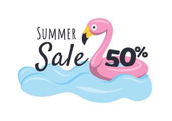 Summer Sale. Bright illustration with flamingo water circle and discount. Vector image for advertising, announcement, banner