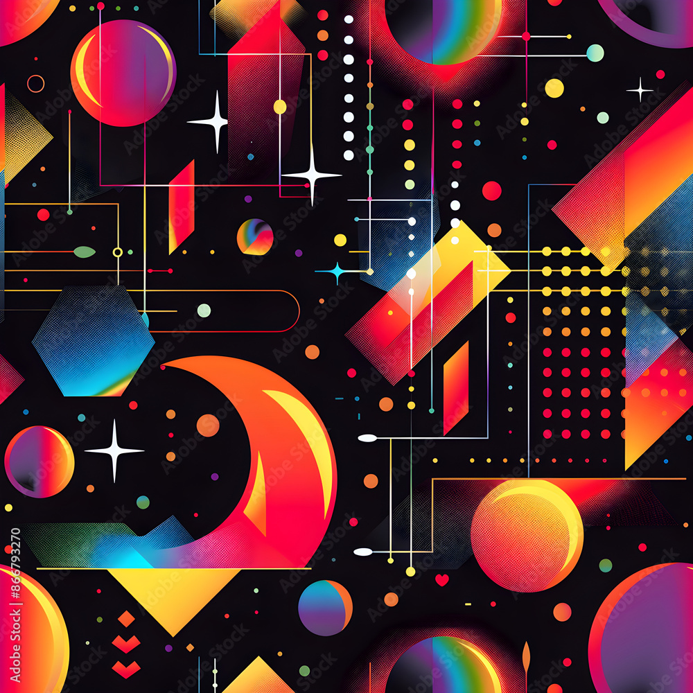 Poster dynamic and modern design with colorful abstract geometric shapes in a seamless pattern, featuring c