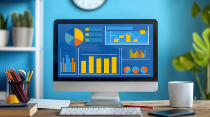 a computer monitor with a graph showing the graphs and charts. Blue background