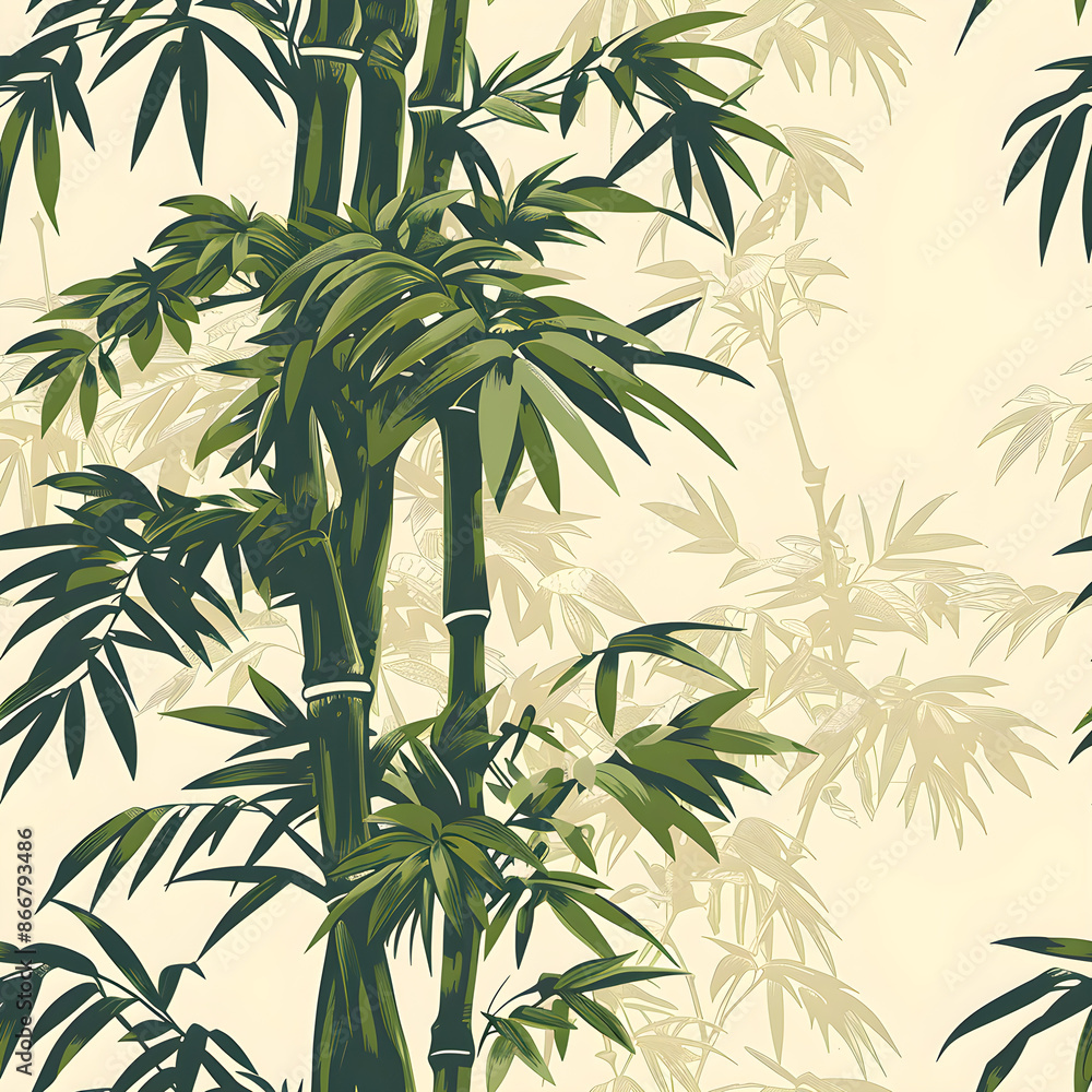 Poster seamless pattern of a lush green bamboo forest with intricate leaf and stem details