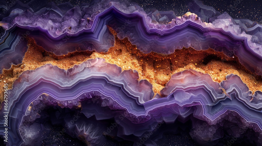 Poster background of a purple agate crystal cross section displaying its colorful bands and layers, with a 