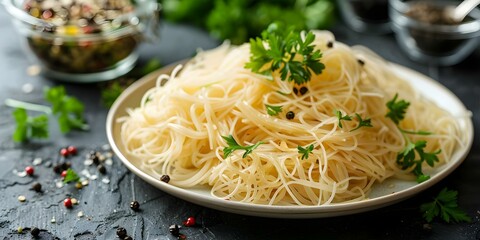 Vermicelli on white plate. Concept Food photography, Pasta dishes, Italian cuisine, Culinary art
