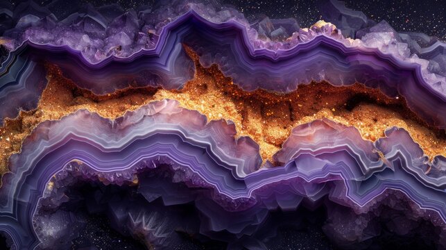 Background of a purple agate crystal cross section displaying its colorful bands and layers, with a golden texture in the center