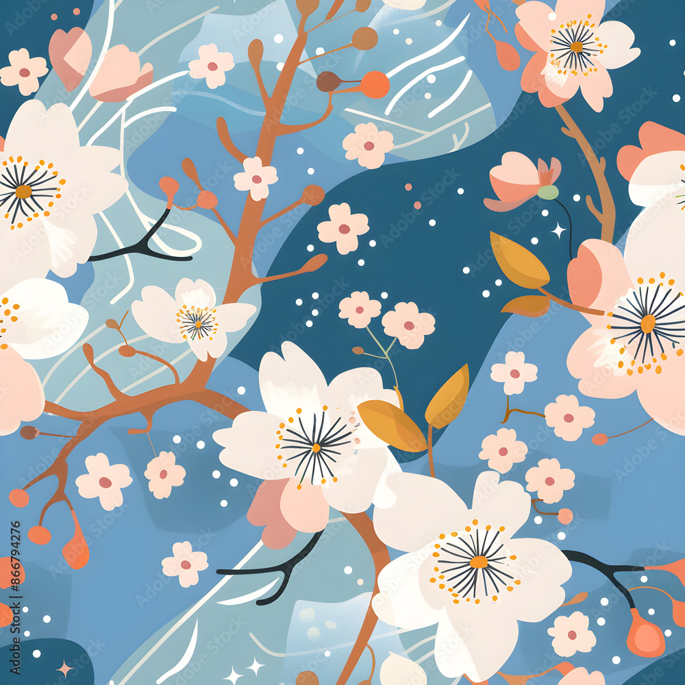 Poster seamless pattern with white spring flowers blooming on branches over blue background