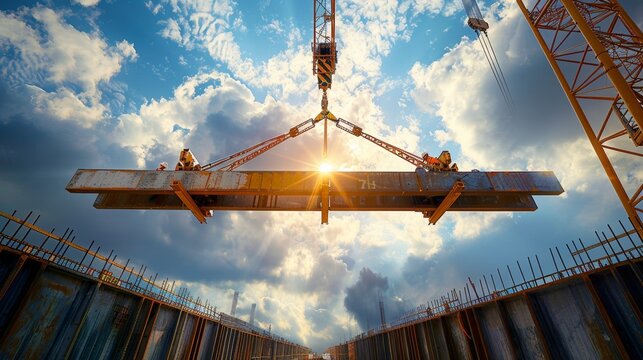 Construction crane lifting steel beams for bridge project.