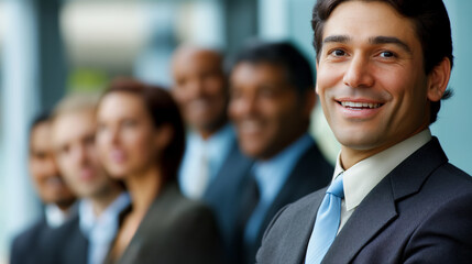 Fototapeta premium Smiling businessman in line with colleagues, focuses on the camera, vibrant office environment.