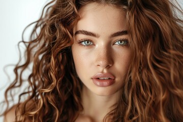 Naklejka premium Hairstyle: Gorgeous Brunette Model Flaunting Beautiful Curly Hair