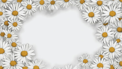 Flower frame with delicate camomiles along edges, framing white background, providing ideal space for text placement. Beauty of floral elegance with touch of softness and sophistication. Watercolor