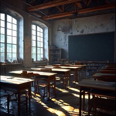 Empty classroom with wooden desks and chairs, chalkboard, and bookshelves.  Concept of education, learning, and school.