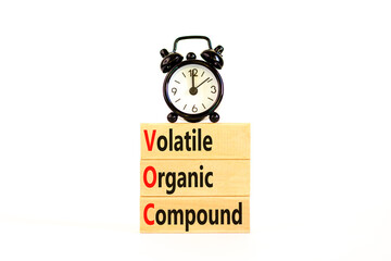 VOC volatile organic compound symbol. Concept words VOC volatile organic compound on beautiful wooden blocks. Beautiful white background. Business VOC volatile organic compound concept. Copy space.