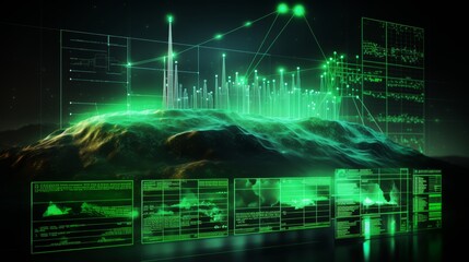 Virtual data technology illustrating the rotational process of wind energy in green power production