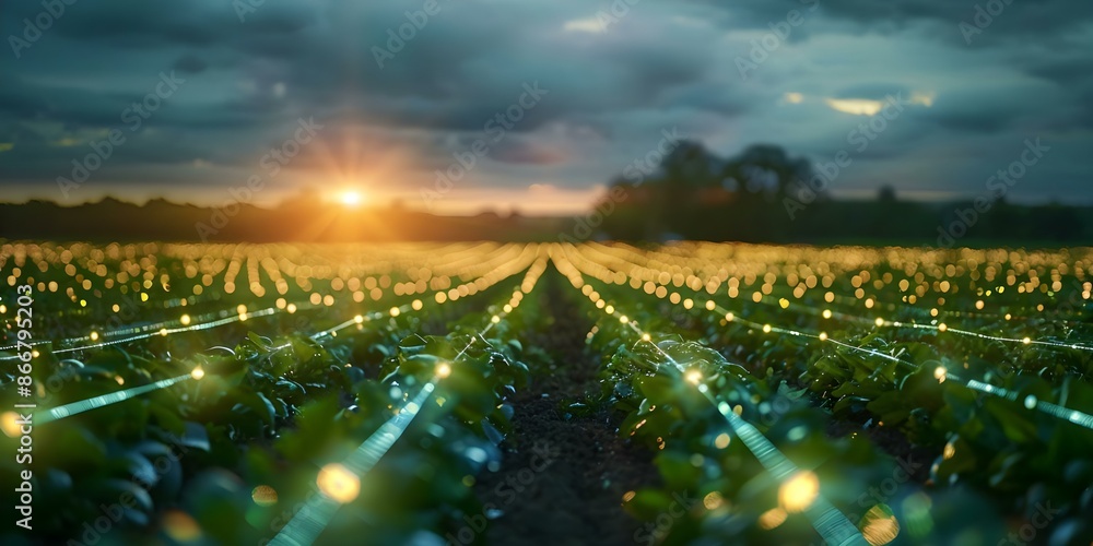 Aufkleber automated irrigation system in green field with glowing data lines showcases smart farming. concept 