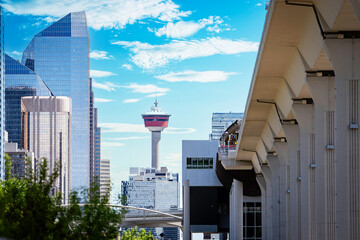 Elevated transit platform overlooking popular landmarks and travel destination in Calgary Alberta...