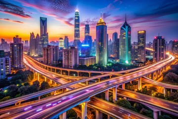 Fototapeta premium Vibrant neon lights illuminate towering skyscrapers, futuristic architecture, and elevated highways, casting a futuristic glow on the darkening urban landscape at twilight.