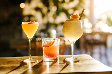 Three elegant cocktails in a softly lit bar setting