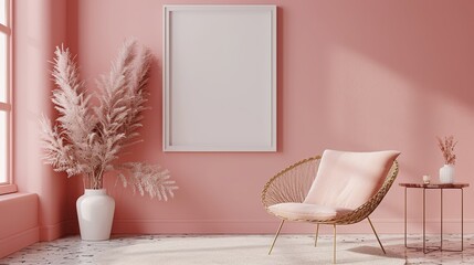 Mockup frame in interior background, room in light pastel colors