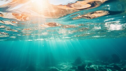 Vivid summer scene  sunlight illuminating blue ocean surface and depths with clear waters and waves