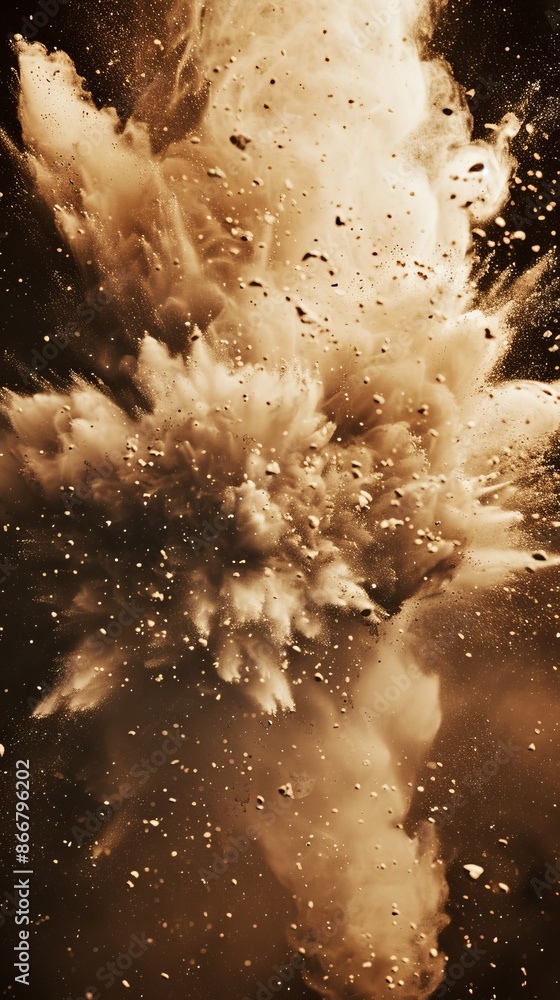 Poster brown powder explodes dramatically against a dark background, creating a chaotic abstract image full