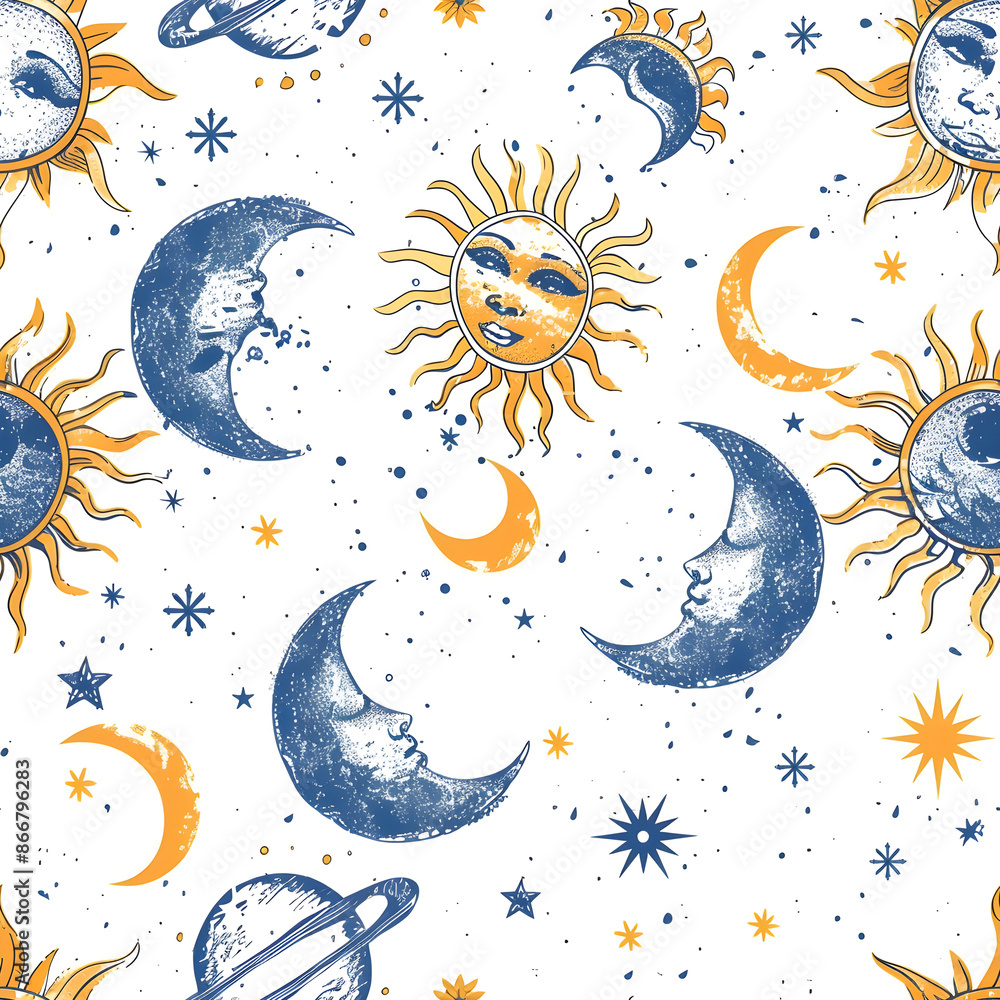 Aufkleber Charming celestial design with smiling suns and moons, simple planets, and stars, creating a delightful and enchanting pattern