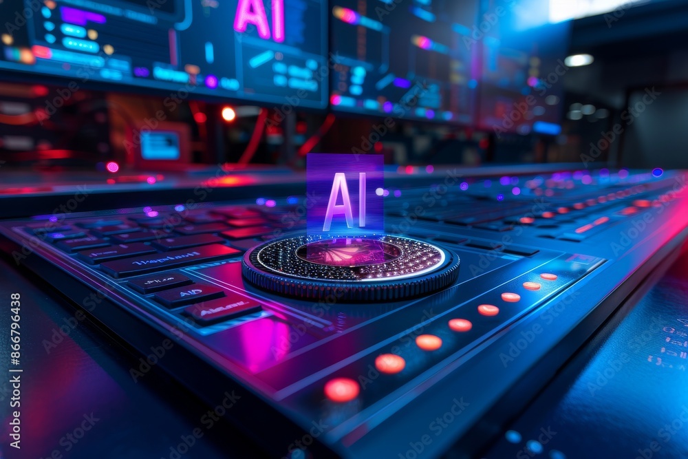Poster ai dashboard with neon lights, digital transformation, tech innovation, artificial intelligence, adv