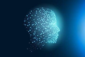 Human head with a luminous brain network, consciousness, artificial intelligence