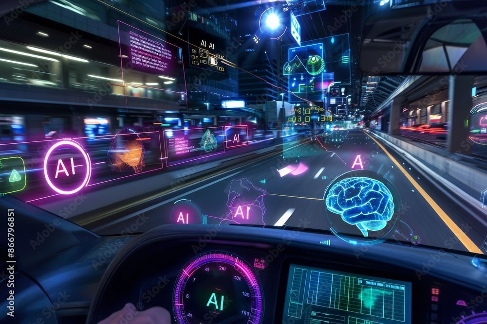 Poster ai holographic display in futuristic car dashboard, digital transformation, tech innovation, artific