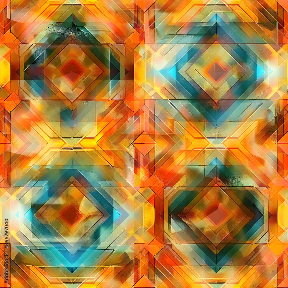 Poster seamless abstract geometric pattern forming a kaleidoscopic optical illusion with orange and blue co