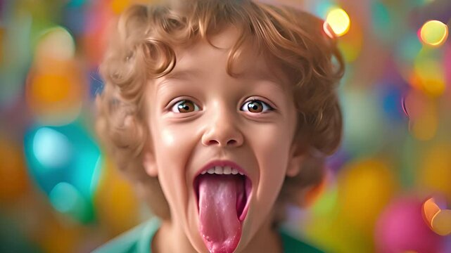 A boy celebrating his birthday by poking his tongue out