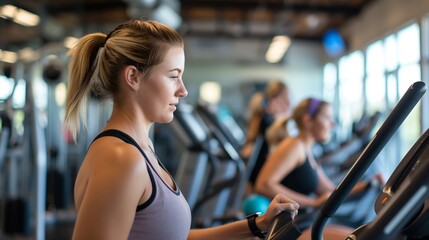 Fototapeta premium A woman uses a treadmill at a gym, with others exercising in the background, emphasizing fitness.