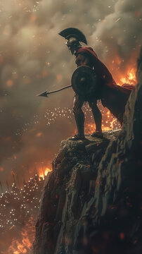 Realistic photo of spartan warrior leader standing on a cliff overlook burning cities. Fierce warrior of Greece in dramatic and cinematic scene. 
