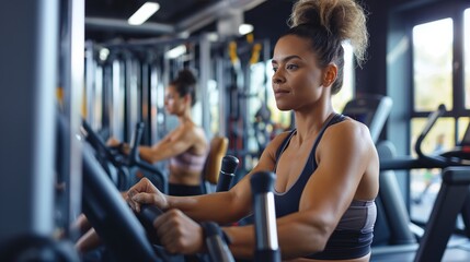 Fototapeta premium Women working out on machines in a gym, focusing on their cardio and endurance training.