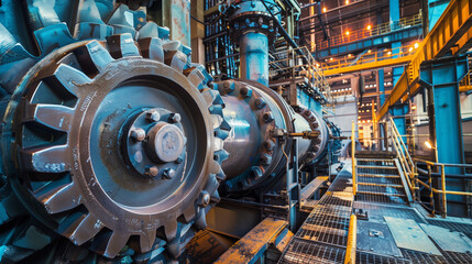 Fototapeta premium Large industrial machinery installed in industrial factories for mass production of goods, contributing to efficient manufacturing processes and high-volume output.