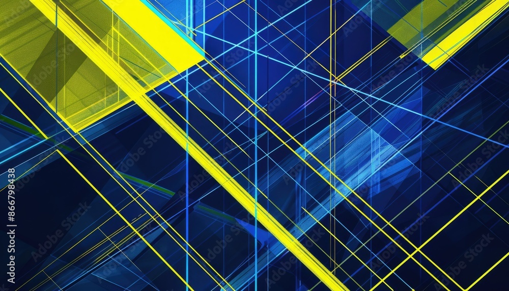 Poster this artwork features a lively abstract grid design with sharp lines crossing in vibrant blue, yello