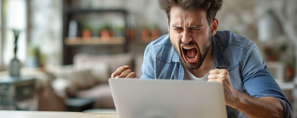 A man with dark hair and a beard screaming in frustration at a computer laptop in a home setting, symbolizing intense emotions such as anger and stress caused by technology.